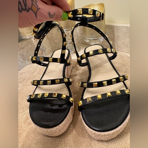 Rockstar gold stud gladiator platform  black espadrille punk goddess size 6 - Picture 5 of 15